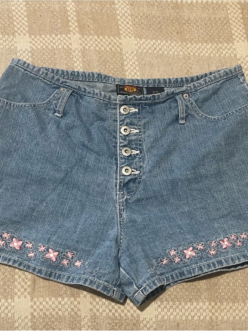 Light Blue Denim Shorts with Pink Floral Embroidery